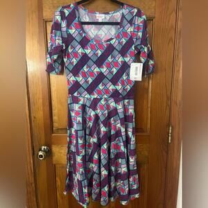 Lularoe Nicole Dress 80’s 90’s Colorful A Line Fit Flare Midi Scoop Medium NWT